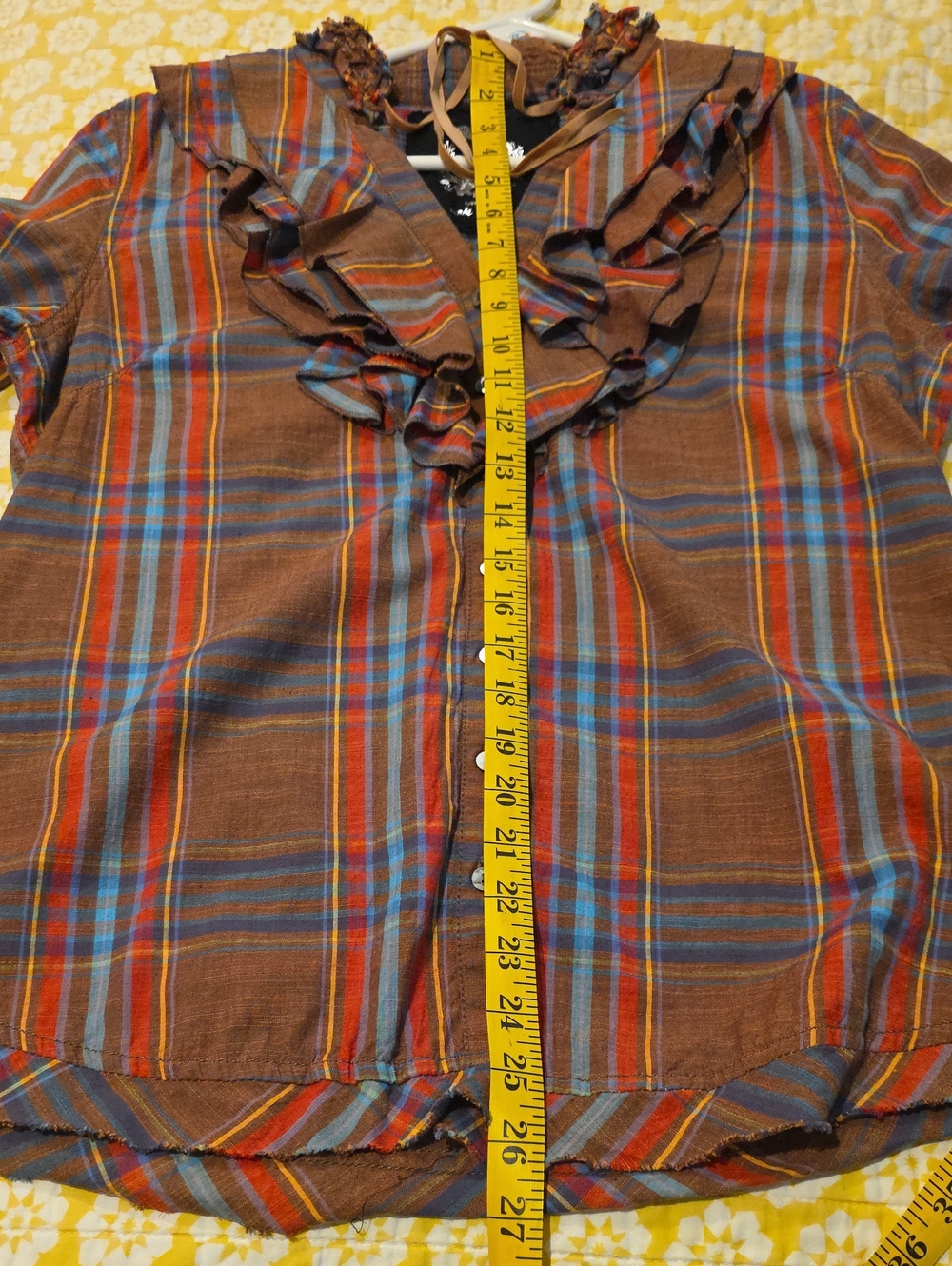 Cino Frayed Ruffle Fringe Plaid Button-Up Shirt Brown Red Blue Large Cotton - Picture 13 of 14